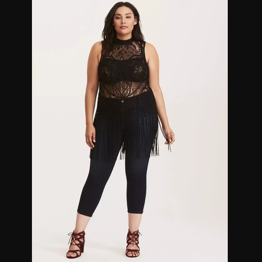 Torrid Black Lace Fringe Mock Neck Tank, size 4